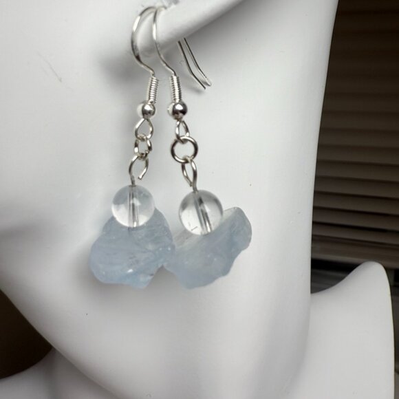 Aquamarine & Clear Quartz Drop Earrings – Raw Crystal Dangles - Picture 2 of 7